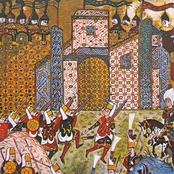 Ottoman Janissaries and the defending Knights of St. John, Siege of Rhodes, 1522. Source: Wikipedia.