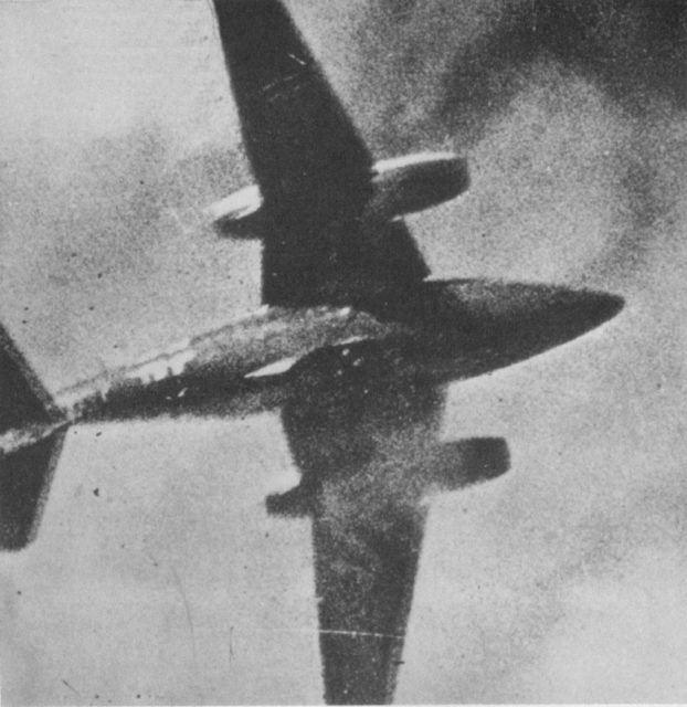 Photo of Luftwaffe Me-262 being shot down by USAF P-51 Mustang of the 8th Air Force, as seen from the P-51's gun camera.