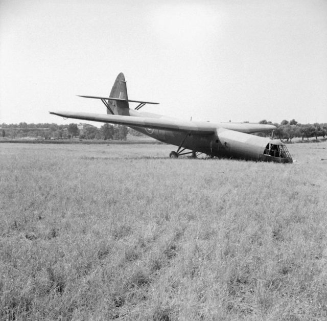 An Airborne Division Horsa glider, after landing off course nose down in a field near Syracuse. Although unsuccessful in achieving their primary objectives, the Airborne forces did cause considerable disruption behind the lines. [© IWM (NA 5543)]