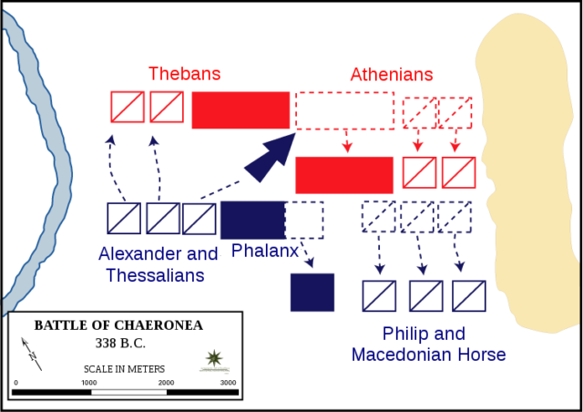 This is but one of many proposed unfoldings of the battle, but shows the possible gap and charge by Alexander. Image by Wikipedia.