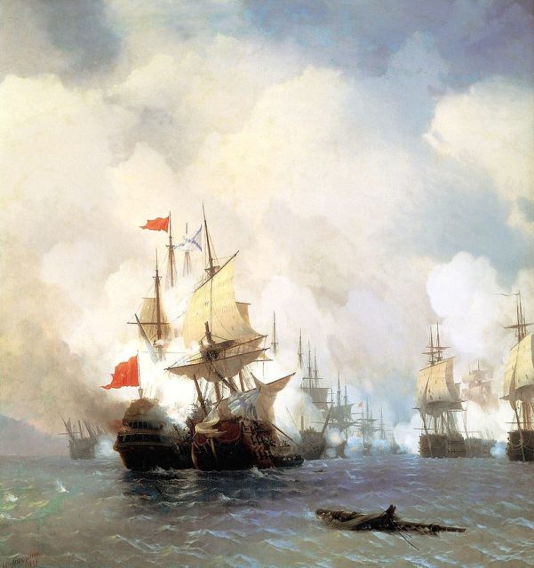 Russian and Turkish ships during the Battle of Chesme. Source: Wikipedia