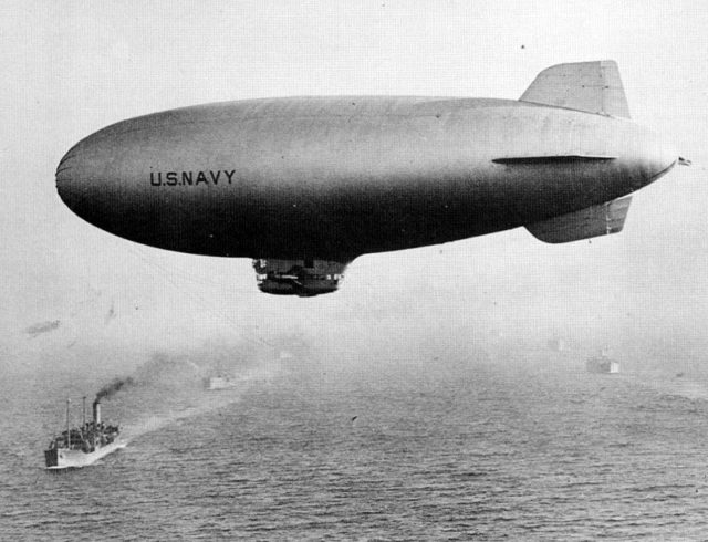 A U.S. Navy K-class blimp protecting a convoy during WWII
