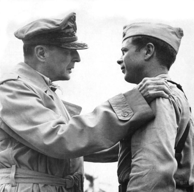 Gen. Douglas MacArthur congratulates Major Richard Ira Bong.