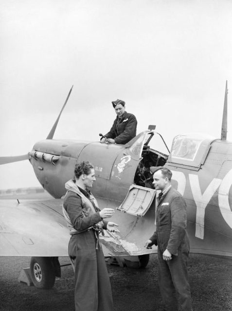 A Czech Spitfire pilot of No 313 Squadron in conversation with his rigger and fitter at Hornchurch, 8 April 1942. His aircraft is BL581 Moesi-llir, a Mk VB presented by the Netherlands East Indies Fund. [© IWM (CH 17971)]