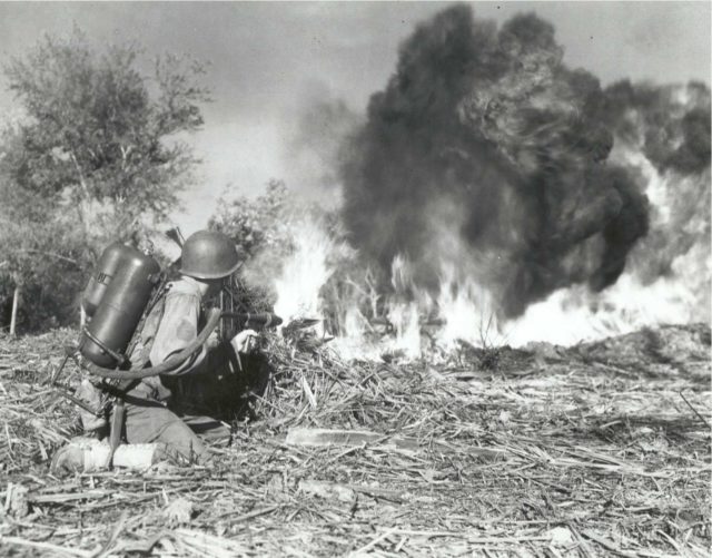 A soldier from the 33rd Infantry Division uses an M2 flamethrower [National Archives].