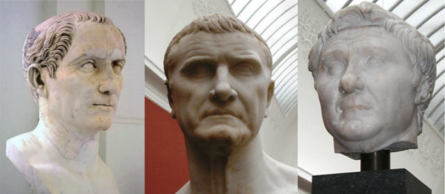 Left to right- Caesar, Crassus, and Pompey. together they kept some semblance of stability in an increasingly unstable Republic. Image: Wikipedia