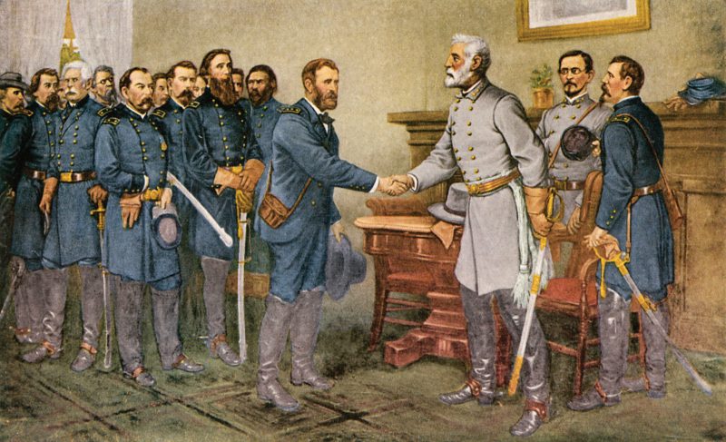 Lee's surrender 1865. 'Peace in Union.' The surrender of General Lee to General Grant at Appomattox Court House, Virginia, 9 April 1865. Reproduction of a painting by Thomas Nast.