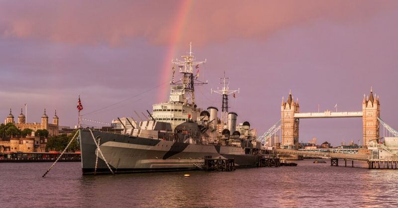 HMS Belfast on the Thames River, with the Tower Bridge in the background, London, UK. By Dmitry A. Mottl -CC BY-SA 3.0