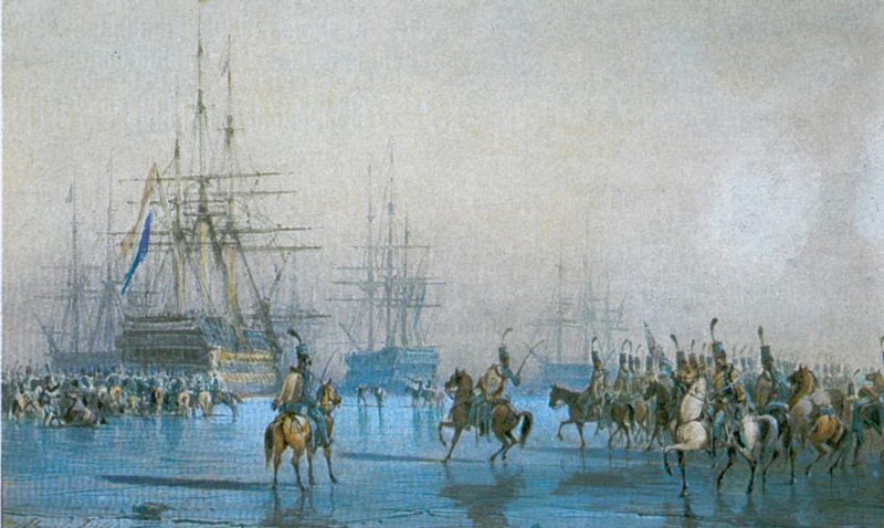 Antoine Léon Morel-Fatio's watercolor of the capture of the Dutch fleet.