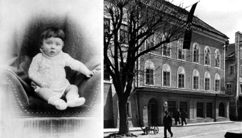 Adolf Hitler as an infant (c.1889–90) and his birth house in Braunau am Inn (Austria) in about 1934.
Source: Wikipedia