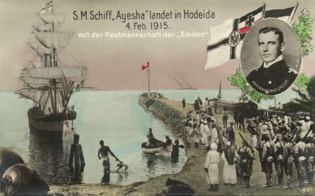 An inaccurate postcard representation of the landing party arriving at Hodeida in Yemen. In truth they arrived in small rowboats from the German freighter Choising. 
