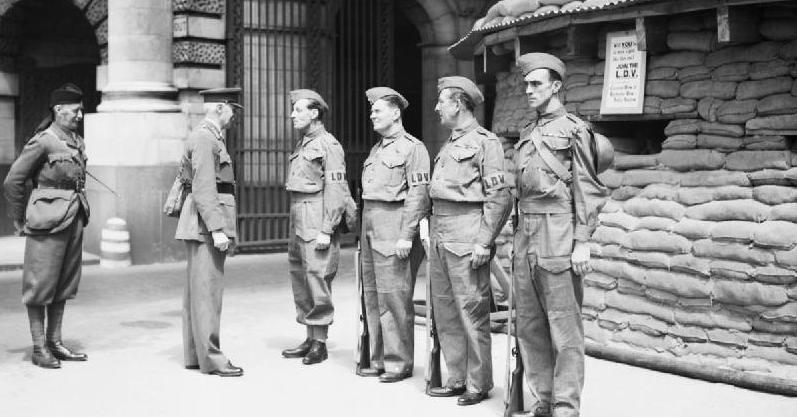 British Home Guard. Local Defence Volunteers: The first manned Local Defence Volunteers (LDV) post in central London, 1940