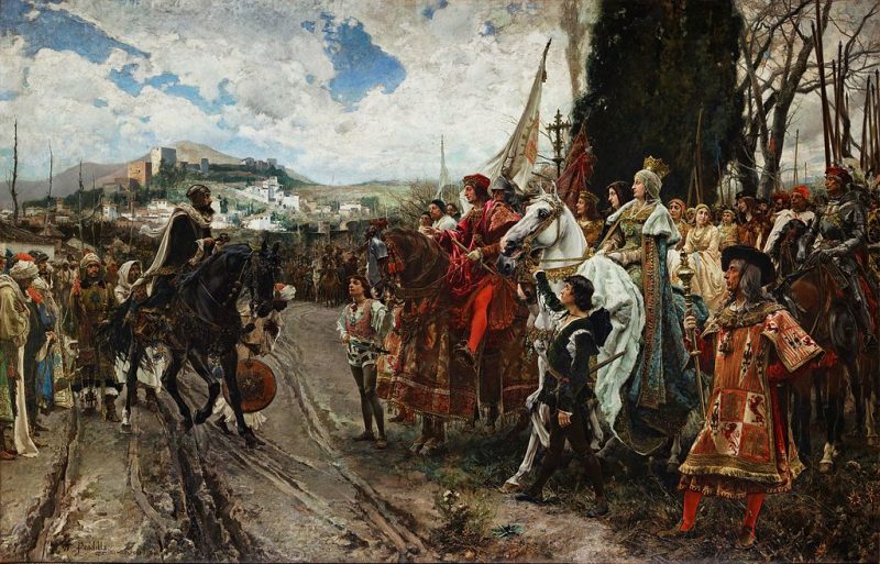 The Capitulation of Granada by F. Padilla: Muhammad XII (Boabdil) surrenders to Ferdinand and Isabella.