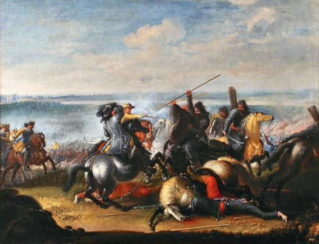 Swedish king Charles X Gustav in skirmish with Polish Tartars near Warsaw 1656. Source: Wikipedia