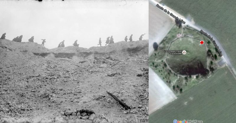 The Battle of the Somme, 1916 British troops running along the lip of the Lochnagar mine crater at La Boisselle