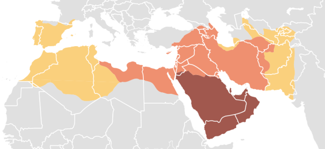 Early expansion of the Caliphate 622-750. Image: Wikipedia