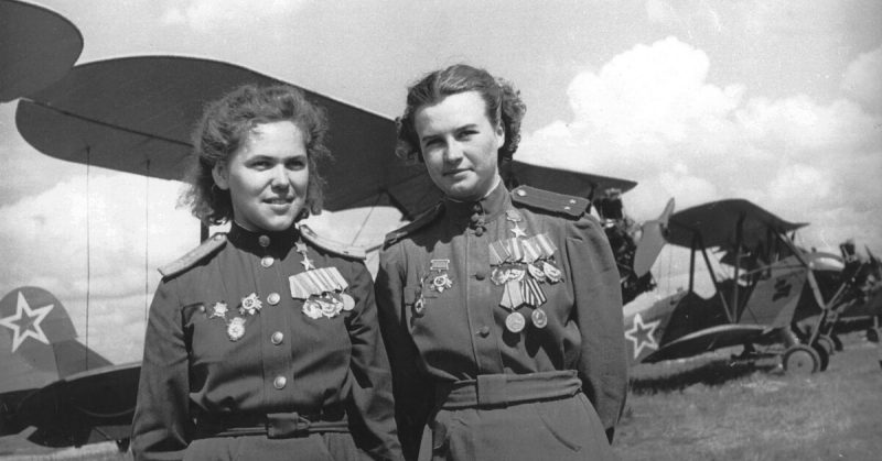 Soviet Air Force officers Rufina Gasheva and Nataly Meklin decorated as Heroes of the Soviet Union for their service with the famed Night Witches unit during World War II 