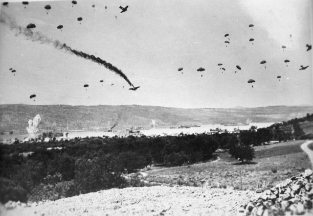 More German paratroops landing on Crete from Junkers 52 transports, 20 May 1941. - 