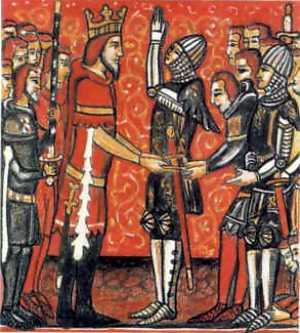 Roland receives the sword Durandal from Holy Roman Emperor Charlemagne. From a manuscript of a chanson de geste.Source: Wikipedia