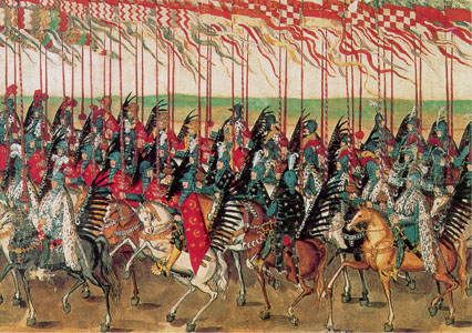 Polish hussars during entry into Kraków, detail of so-called Stockholm Roll, 1605. Source: Wkipiedia
