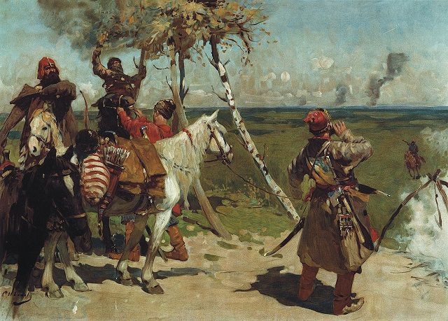 Russian guarding the borders of Moscow during the Russo-Crimean wars." At the guarding border of the Moscow state." Painting by Sergey Vasilievich Ivanov. Source:Wikipedia