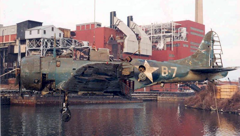 An example of a Navy Douglas SBD-2 Dauntless after being raised from Lake Michigan in 1994