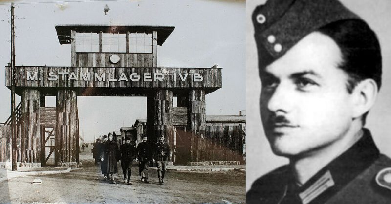 Left: Entrance to Stalag IV-B , Right: The Interrogator. Bundesarchiv - CC BY-SA 3.0