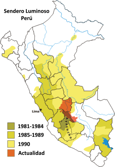 The territory of the Shining Path in Peru. Santa Lucia is in the south west. Courtesy of Wikipedia