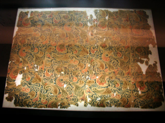 Elaborately patterned silk from the 2nd century BCE. the material was one of the most expensive materiels by weight in the ancient world, surpassed only by rare spices in India and Africa, all regions accessable with a conuest of Mesopotamia and ports in the Persian Gulf. Image: Wikipedia 