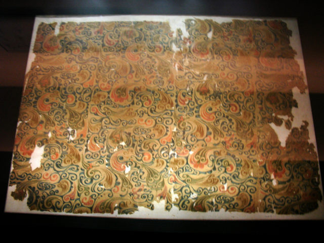 Elaborately patterned silk from the 2nd century BCE. the material was one of the most expensive materiels by weight in the ancient world, surpassed only by rare spices in India and Africa, all regions accessable with a conuest of Mesopotamia and ports in the Persian Gulf. Image: Wikipedia