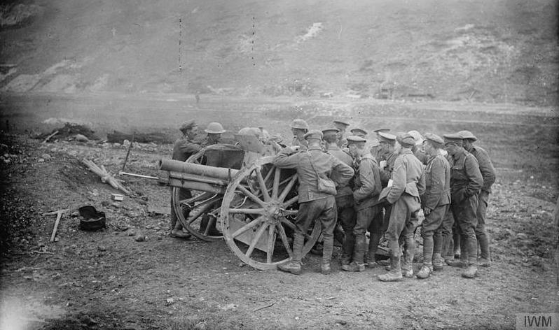 The Battle of the Somme, Gunners of the Royal Artillery examining a 77mm German gun, captured on the 14th July 1916 by the 2nd Battalion, Royal Irish Regiment in Mametz Wood
Source: Wikipedia