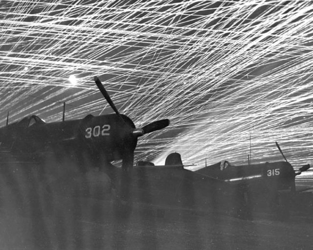 American anti-aircraft tracer fire lights up the sky during a Japanese air raid in 1945. Wikimedia / Public Domain 