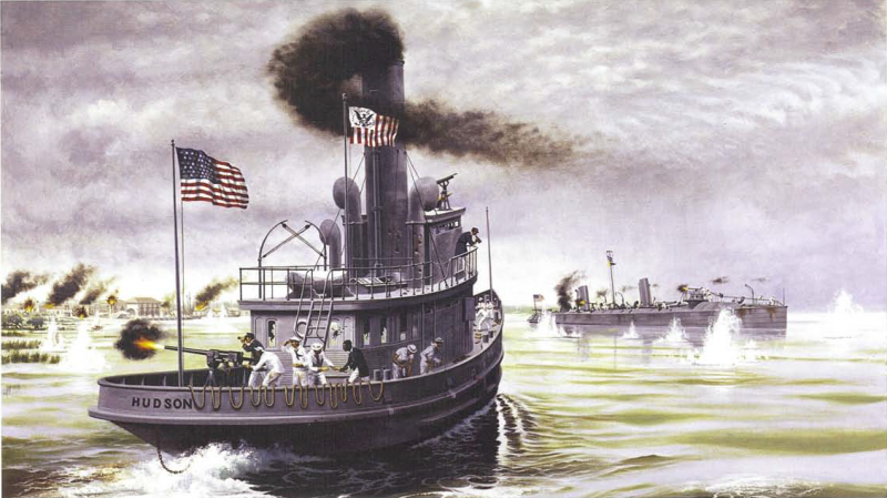 A painting of the battle, while Hudson (foreground) steamed towards the stranded Winslow (background). One can see the crew firing the 6 pounder cannons from both decks while being fed ammunition. 
