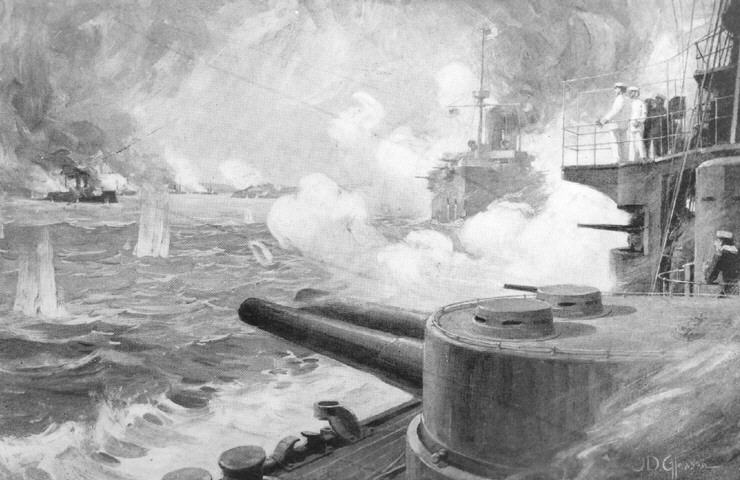 On 1 May 1898, during the Spanish-American War, the U.S. Asiatic Squadron, commanded by Commodore George Dewey, crushed Spanish naval forces at the Battle of Manila Bay. This halftone reproduction of an artwork by J.D. Gleason, circa 1898, depicts the action as seen from alongside the forward 8