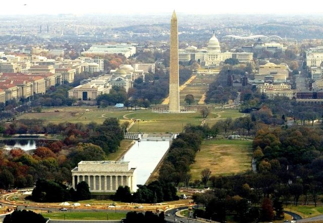 Pictured from the bottom: Lincoln Memorial. Center: Washington Monument. Top: United States Capitol. Photo via Wikipedia.