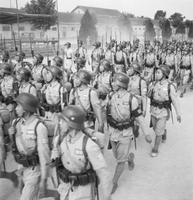 German-equipped Chinese troops practicing a march at the Chinese Military Academy at Chengtu in 1944.