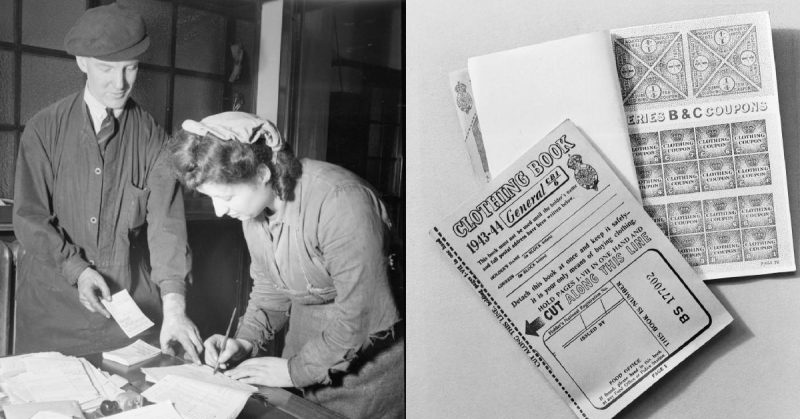 At a Scottish Engineering works, Shop hands his extra clothing coupons to machine operator, Britain, UK, 1944 (from the left); Clothing coupon books as issued to British civilians during the  World War II. A photograph of two clothing coupon books, one showing the front page, with the date 1943-44 and the other showing one of the pages of coupons (from the right)
Source: Wikipedia