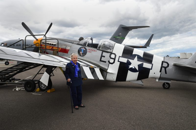 Dorothy Olsen, former Women Airforce Service Pilot, stands in front of a P-51 Mustang on the McChord Field flight line July 10, 2016, at Joint Base Lewis-McChord, Wash. Olsen celebrated her 100th birthday at McChord along with three other WASPs, their families and McChord leadership. Source: Air Force Photo/Staff Sgt. Naomi Shipley