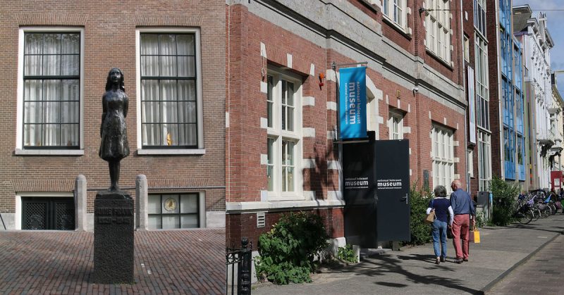 Statue of Anne Frank and National Holocaust Museum in Amsterdam. Source: ​English-speaking Wikipedia user sdalu/ CC BY-SA 3.0/ Wikimedia Commons ; PersianDutchNetwork/ CC BY-SA 4.0/ Wikimedia Commons