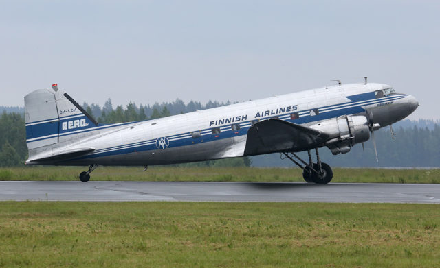 Finnish Airlines Douglas DC-3 at Tour-de-Sky airshow at Kuopio, Finand. (Photo by Fyodor Borisov/Transport-Photo Images)