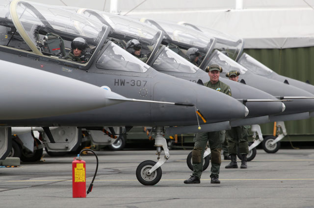 Finnish Air Force Midnights Hawks aerobatic team at BAE Systems Hawk 51 at Tour-de-Sky airshow at Kuopio, Finand. (Photo by Fyodor Borisov/Transport-Photo Images)