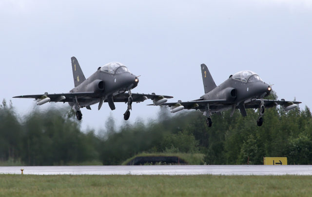 Finnish Air Force Midnights Hawks aerobatic team at BAE Systems Hawk 51 at Tour-de-Sky airshow at Kuopio, Finand. (Photo by Fyodor Borisov/Transport-Photo Images)