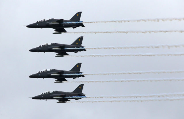 Finnish Air Force Midnights Hawks aerobatic team at BAE Systems Hawk 51 at Tour-de-Sky airshow at Kuopio, Finand. (Photo by Fyodor Borisov/Transport-Photo Images)