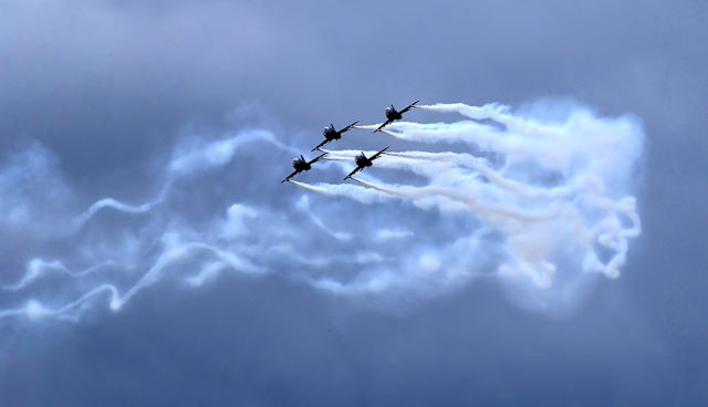 Finnish Air Force Midnights Hawks aerobatic team at BAE Systems Hawk 51 at Tour-de-Sky airshow at Kuopio, Finand. (Photo by Fyodor Borisov/Transport-Photo Images)
