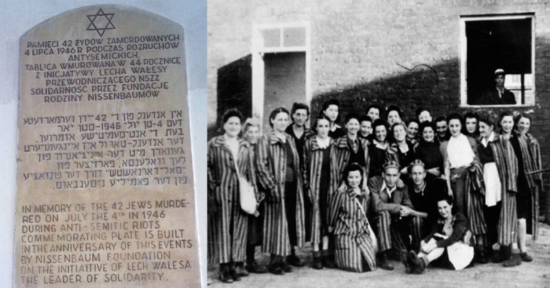 Memorial plaque at the house on Planty 7 in Kielce, south of Warsaw. The Kielce Pogrom was an outbreak of violence against the Jewish holocaust survivors on 4 July 1946 in the presence of the Polish Communist armed forces which resulted in the killing of 42 Jews (from the left); A photo from jewish prisoners liberated by Polish soldiers (from the right)
Source: Halibutt, Ely, Wikipedia
