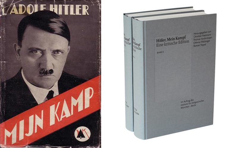 Dutch edition of Adolf Hitler's Mein Kampf. published 1939 (from the left); Two-volume annotated edition of Mein Kampf, 2016 (from the right)
Source: Wikipedia/  Institut für Zeitgeschichte