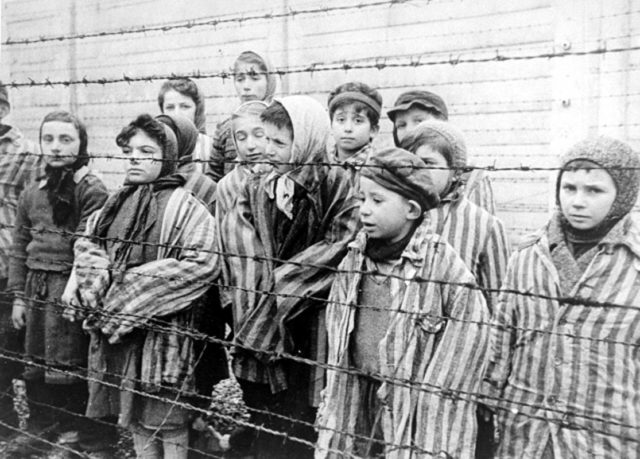 Prisoners standing by the fence at Auschwitz.