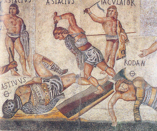 A retiarius attacks his downed opponent, a secutor, with a dagger in this scene from a mosaic from the Villa Borghese.