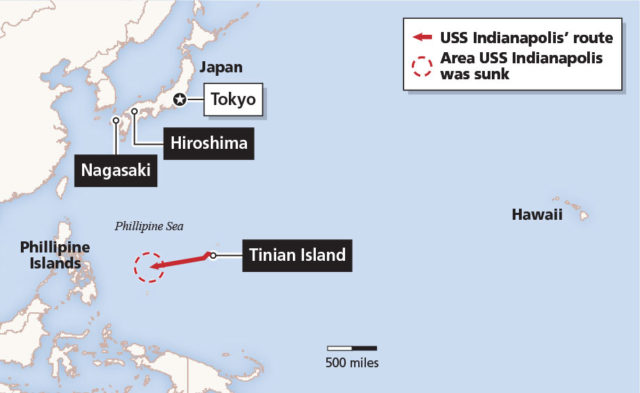 The Indianapolis' route from Tinian Island Image Source: ESRI, Navy Department/National Archives