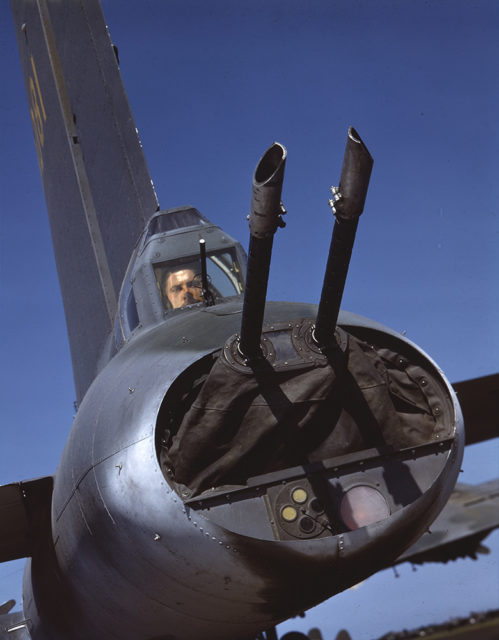Tail gunner in Boeing B-17 Flying Fortress, 1943.